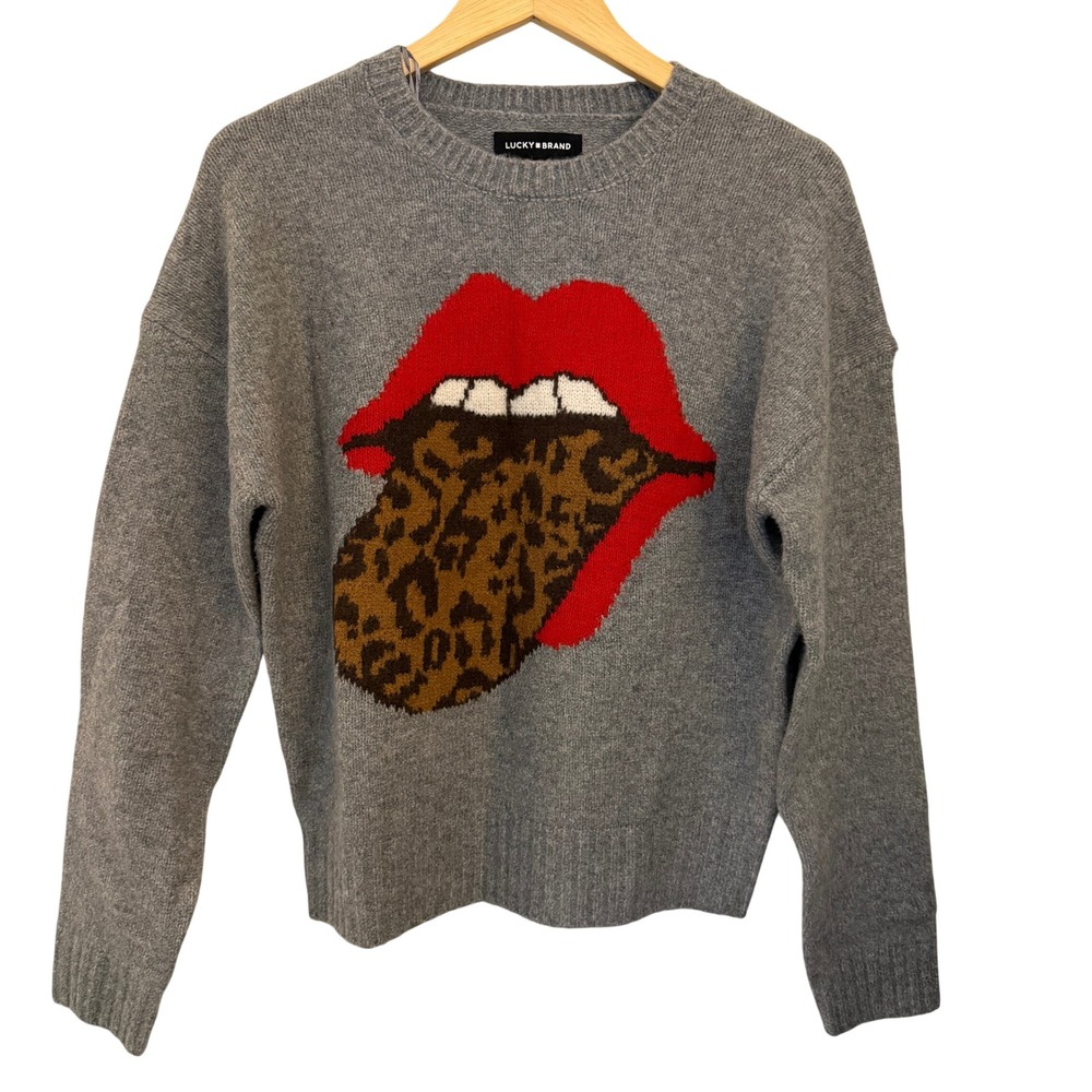 Lucky Brand Leopard Lips Graphic Sweater Womens XS Gray NWT Rock n Roll Pullover
